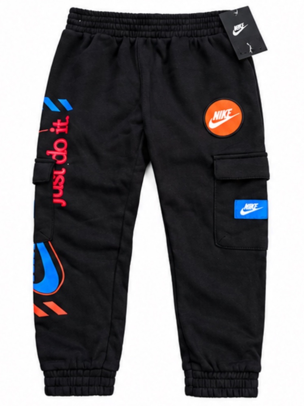 NWT Nike Black Joggers with Blue, Red, Orange Logo Accents, Size 6